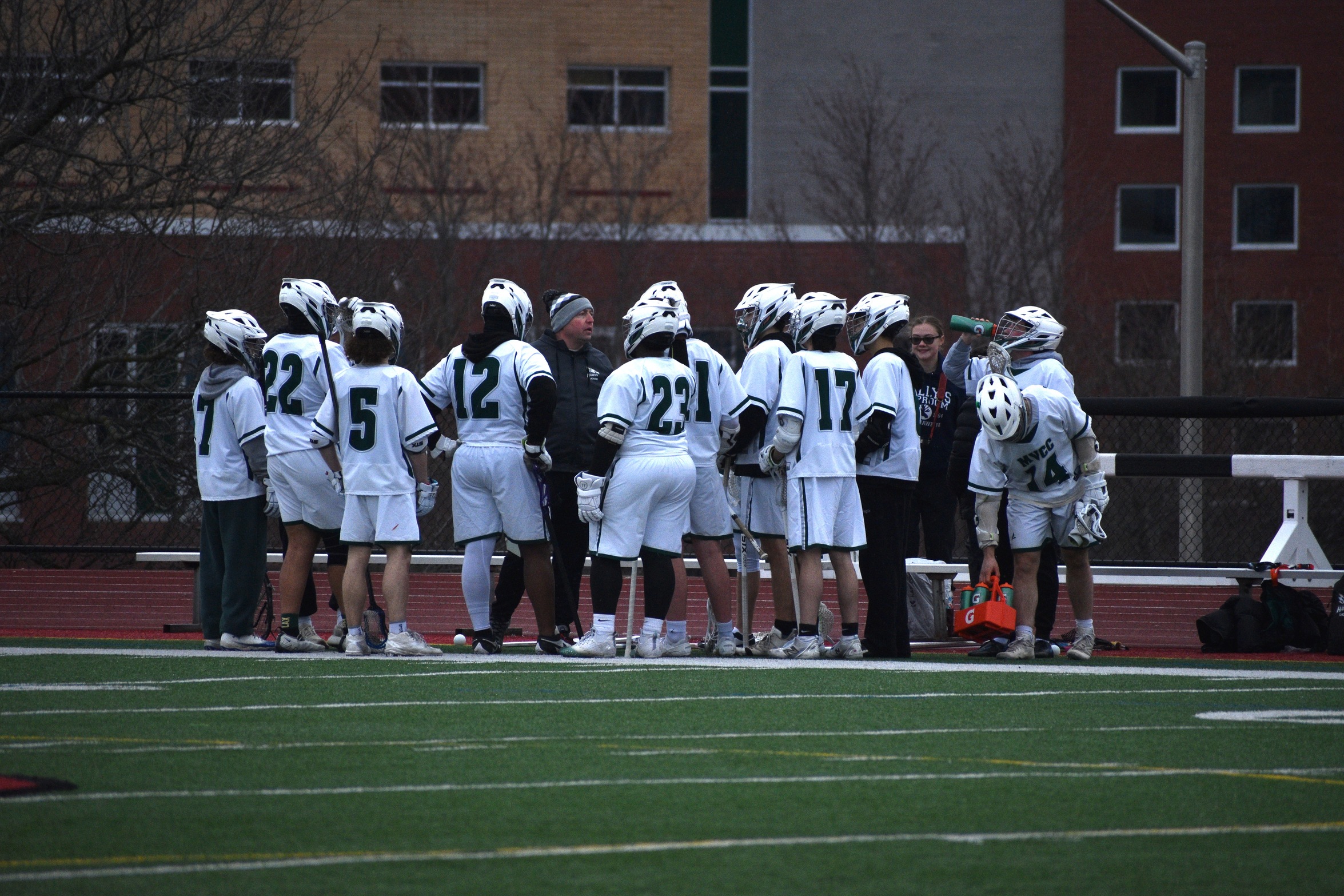 Hawks gather during a timeout.